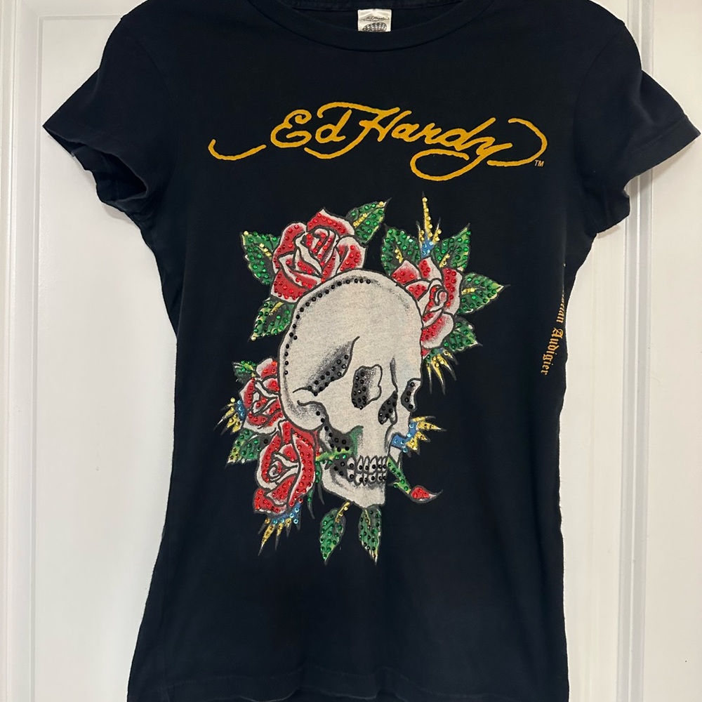 Original vintage Ed Hardy Black T-Shirt with Skull and Roses